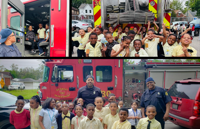  collage of students standing in front of a fire truck